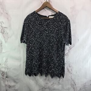 Adrianna Papell Top Womens XL Silk Black Sequin Beaded Scalloped Iridescent